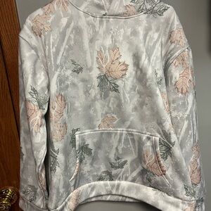 Amazon Women's Sweater - Gray with Pink and Green Leaf Pattern